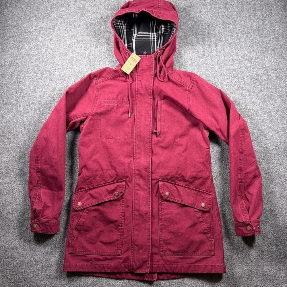 Duluth Trading Co Can-Do Canvas Coat‎ Womens Small Maroon Red Flannel Lined Hood